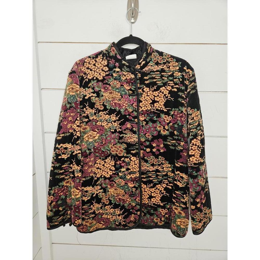 Vintage 80s NWOT Black with orange & burgundy floral velvet Asian jacket
